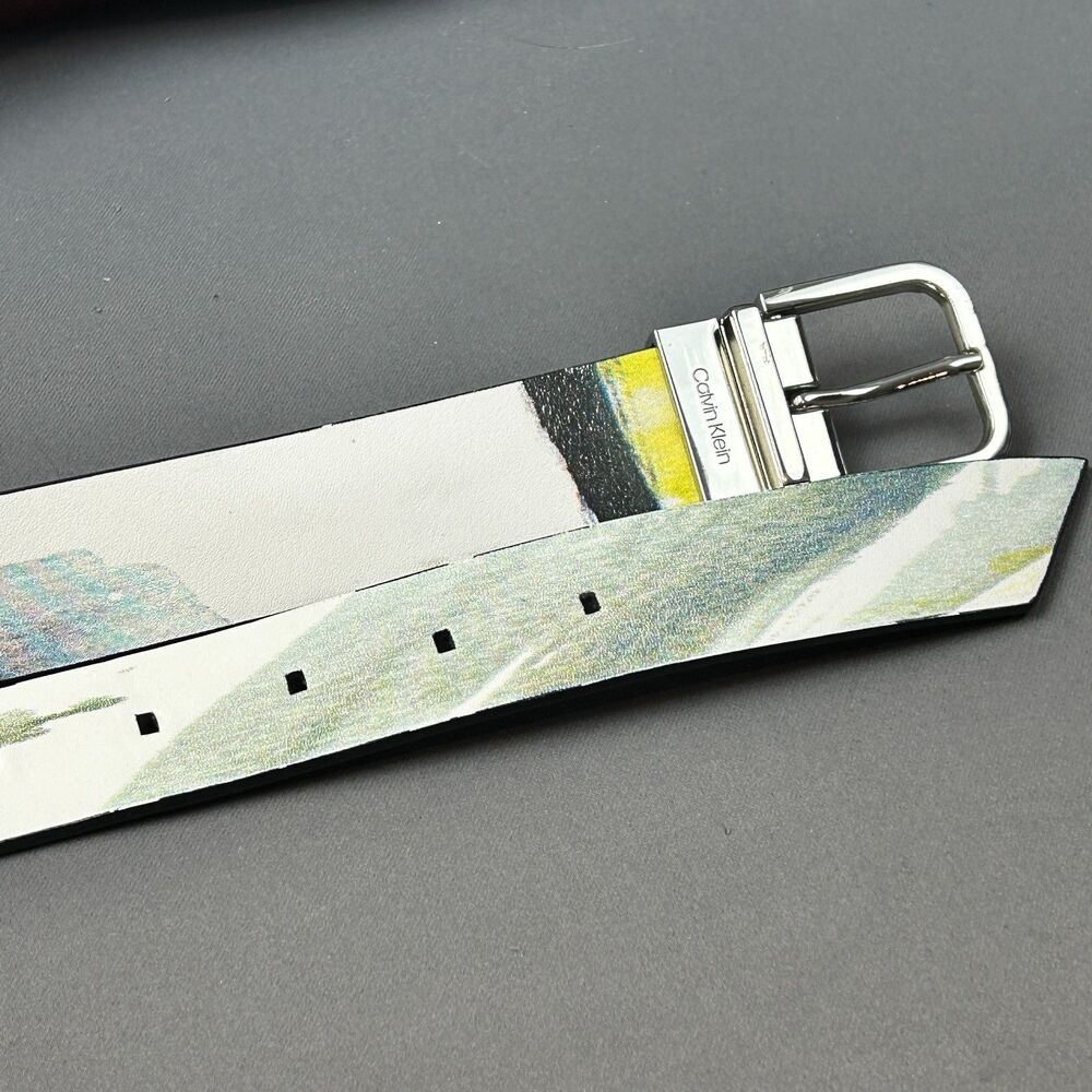 Calvin Klein Leather 1.25" White Yellow Graphic Belt Size L Silver Tone Buckle - Picture 13 of 16